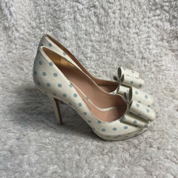 Palter DeLiso Dover Last off fabric white&blue polka dots peep toe heels EURSZ37 - Picture 1 of 11